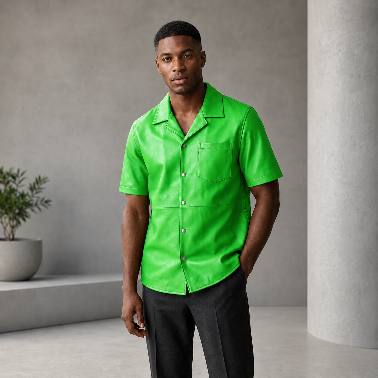 Short sleeves casual shirt for men 100% pure Italian lam skin [Green]