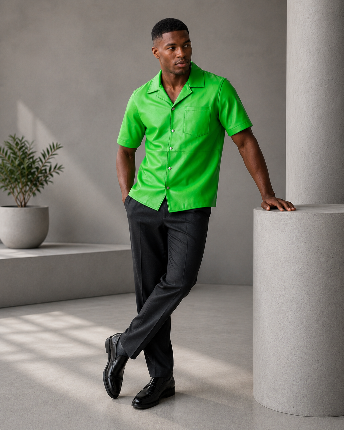 Short sleeves casual shirt for men 100% pure Italian lam skin [Green]
