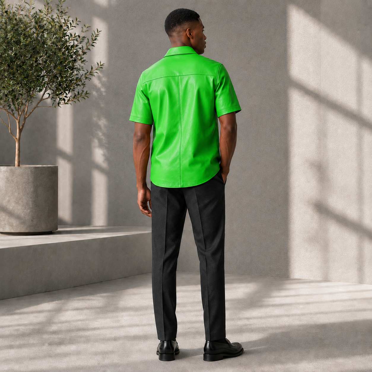 Short sleeves casual shirt for men 100% pure Italian lam skin [Green]