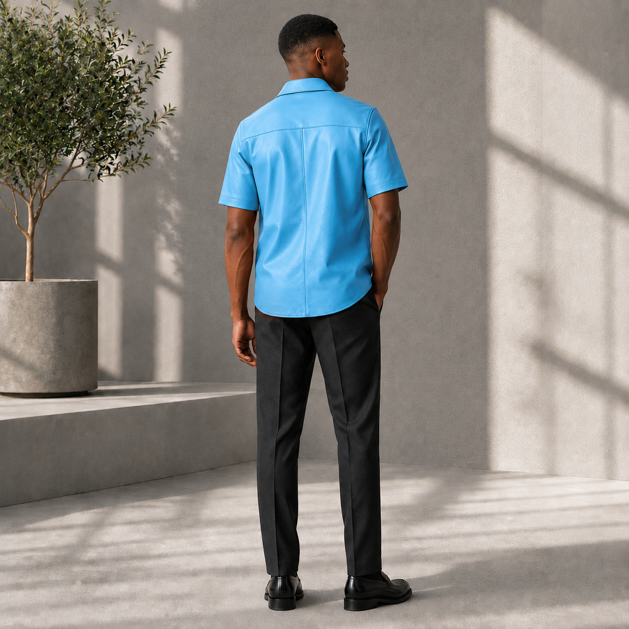 Short sleeves casual shirt for men 100% pure Italian lam skin [Sky Blue]