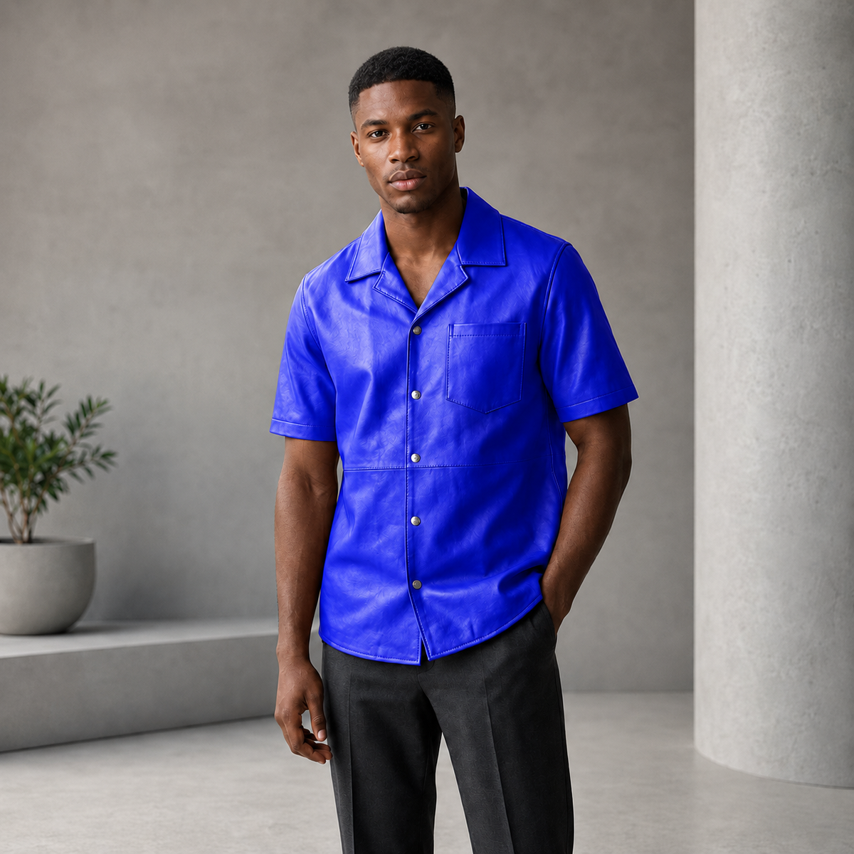 Short sleeves casual shirt for men 100% pure Italian lam skin [Navy Blue] - William Leather