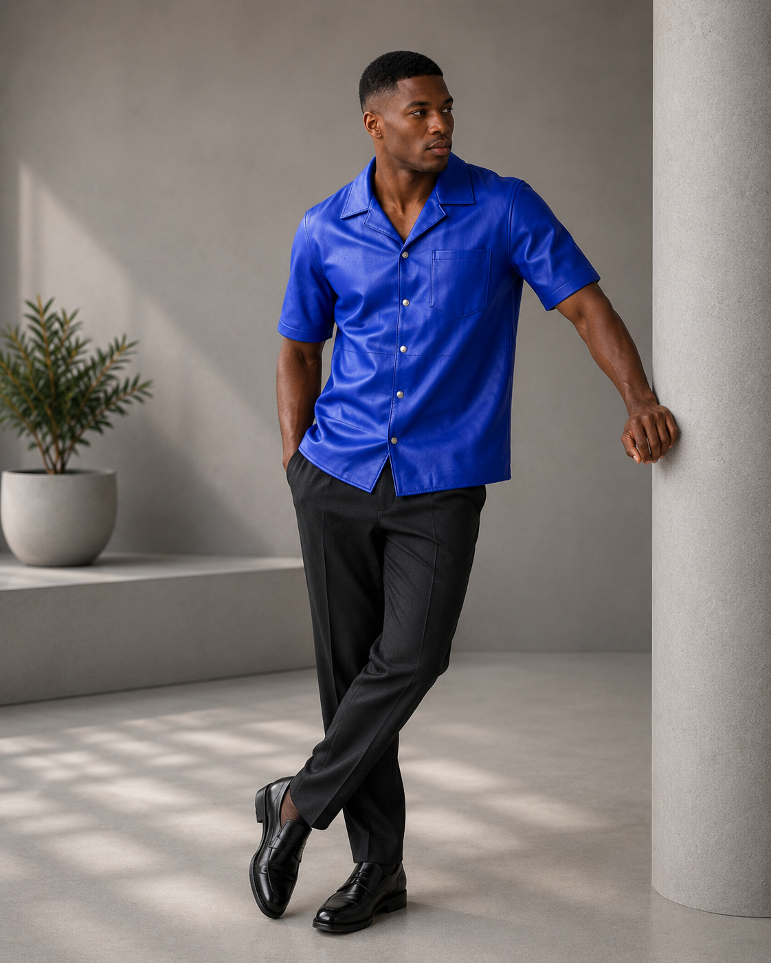 Short sleeves casual shirt for men 100% pure Italian lam skin [Navy Blue] - William Leather