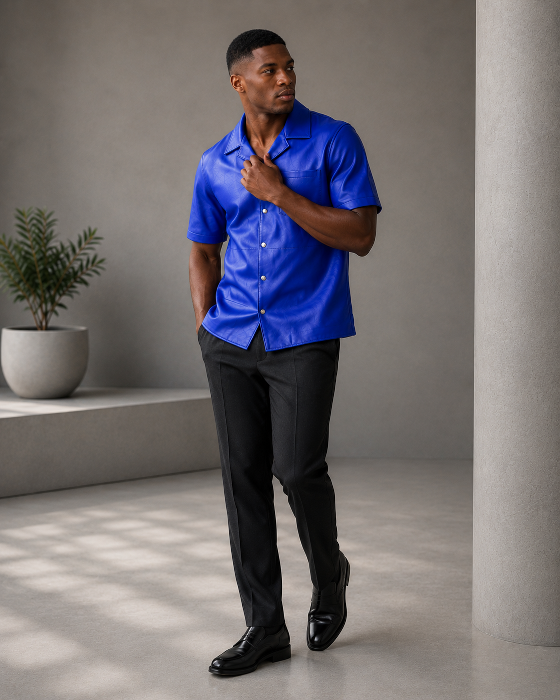 Short sleeves casual shirt for men 100% pure Italian lam skin [Navy Blue]