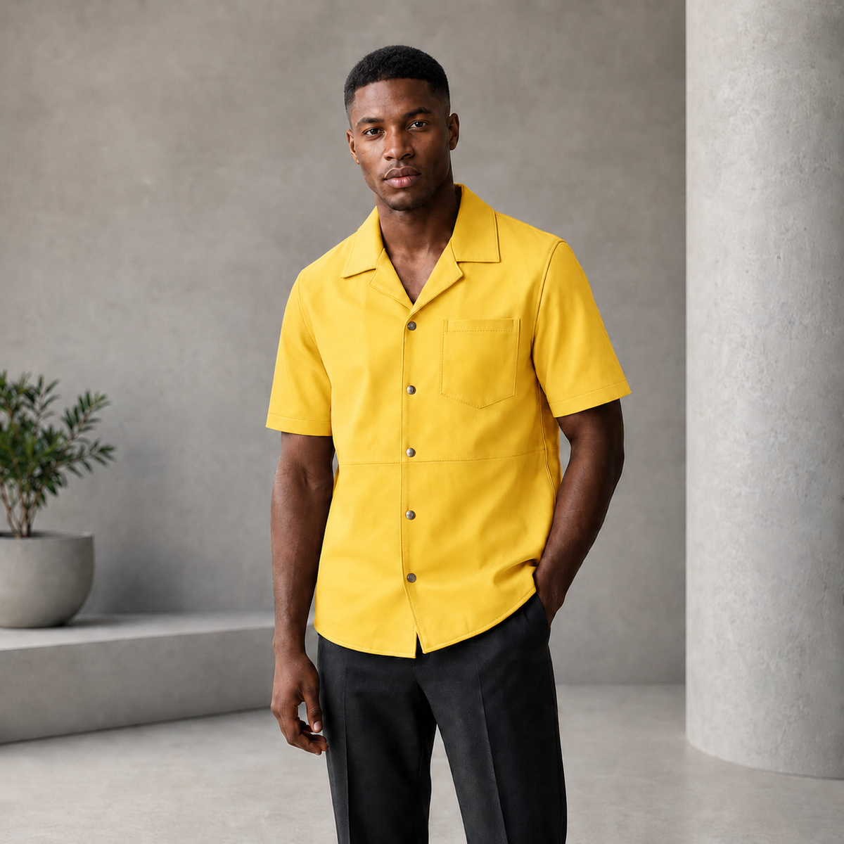 Short sleeves casual shirt for men 100% pure Italian lam skin [Yellow] - William Leather