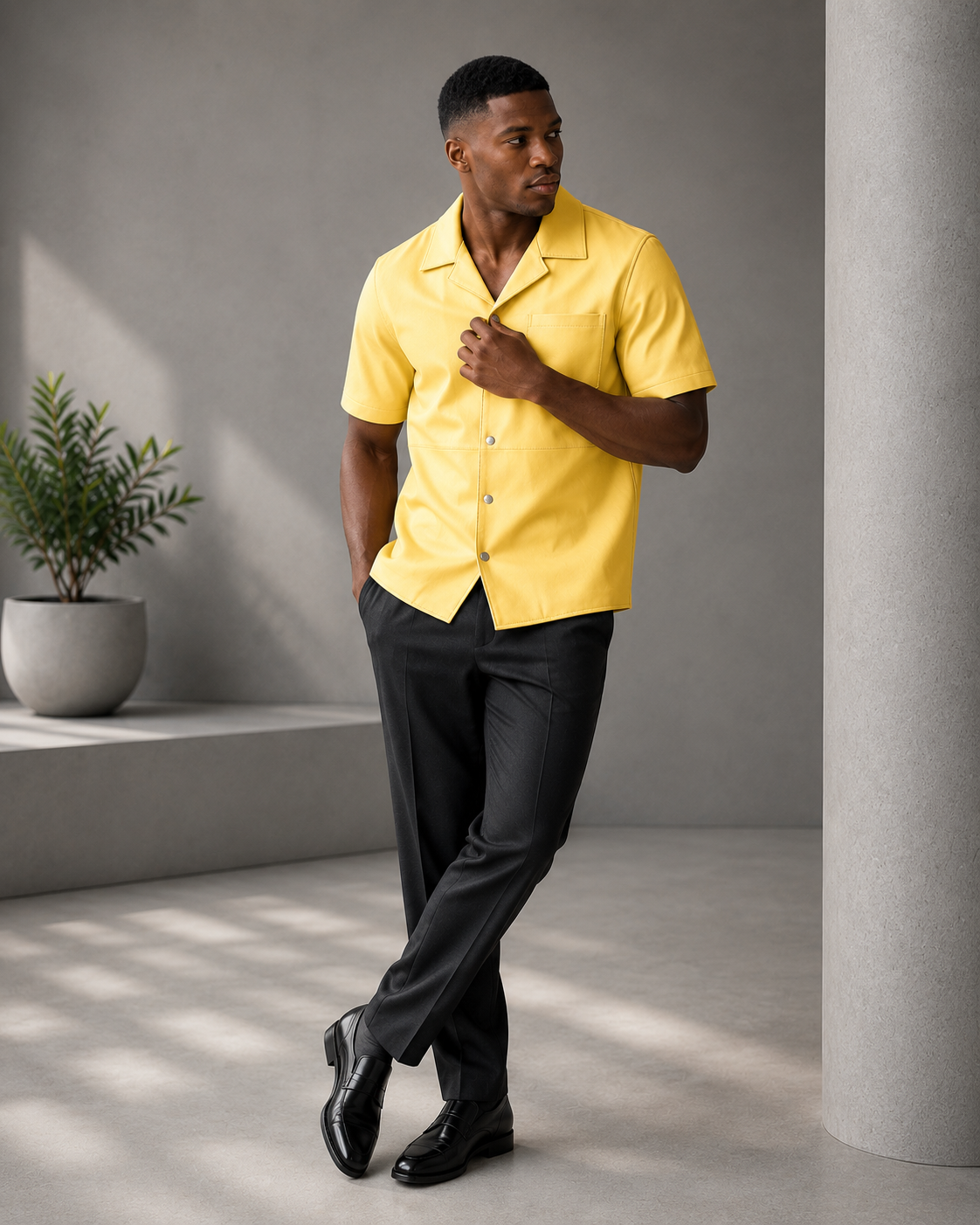 Short sleeves casual shirt for men 100% pure Italian lam skin [Yellow] - William Leather