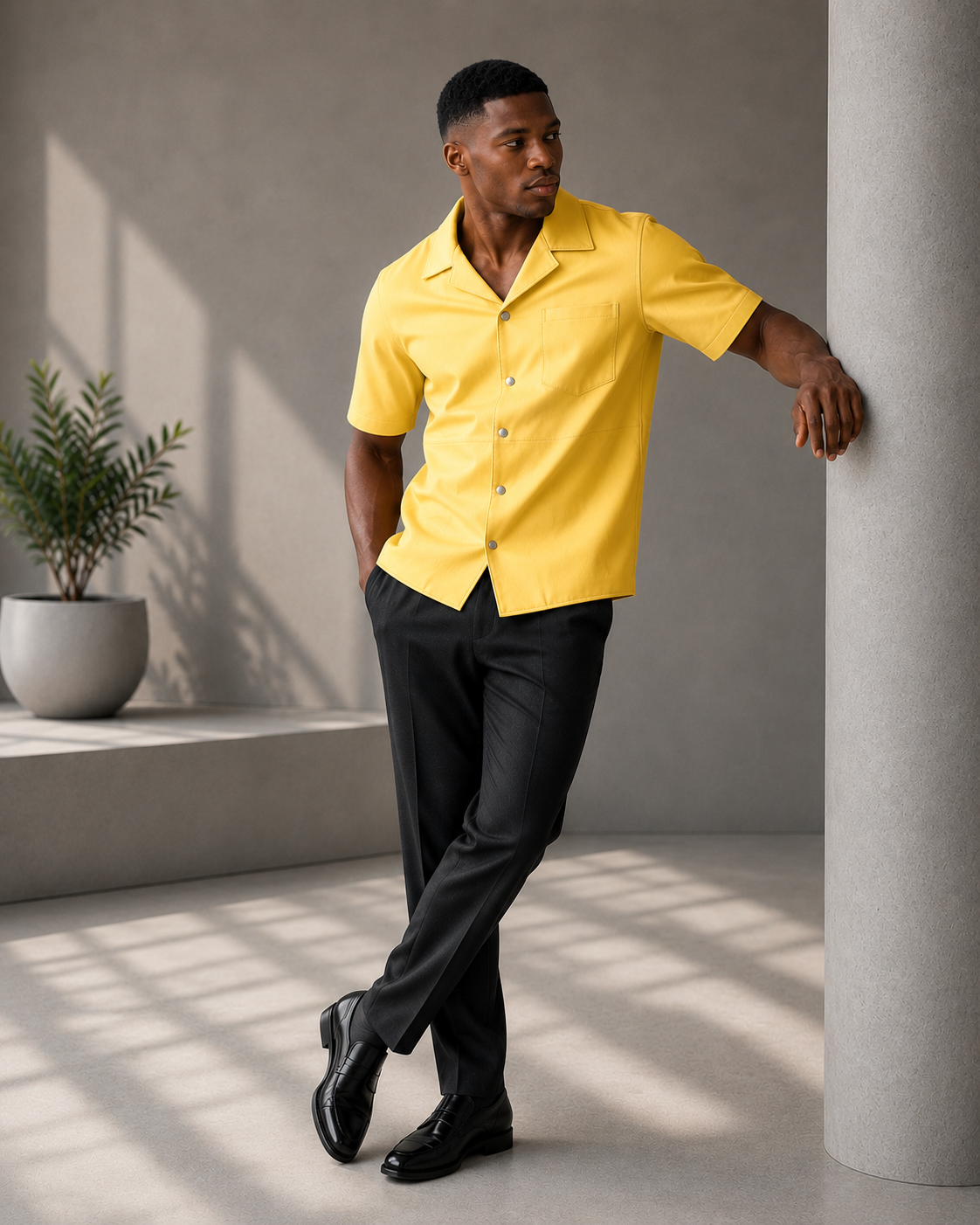 Short sleeves casual shirt for men 100% pure Italian lam skin [Yellow]