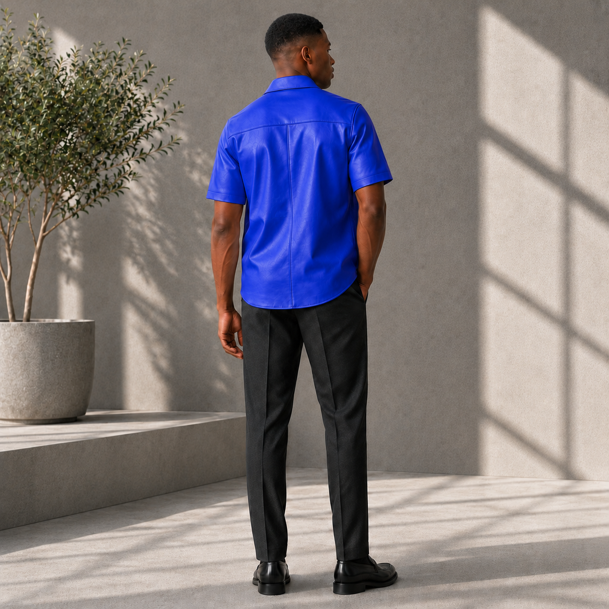 Short sleeves casual shirt for men 100% pure Italian lam skin [Navy Blue]