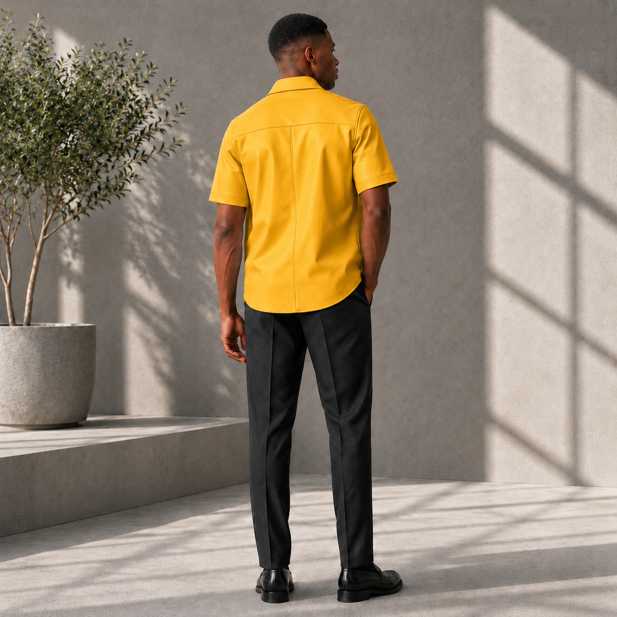 Short sleeves casual shirt for men 100% pure Italian lam skin [Yellow]