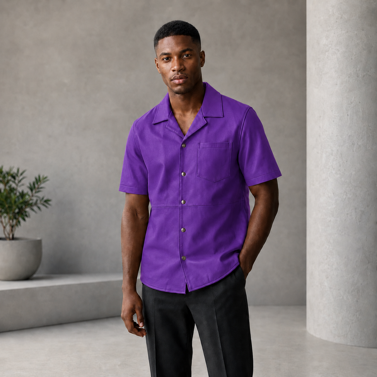 Short sleeves casual shirt for men 100% pure Italian lam skin [Purple] - William Leather