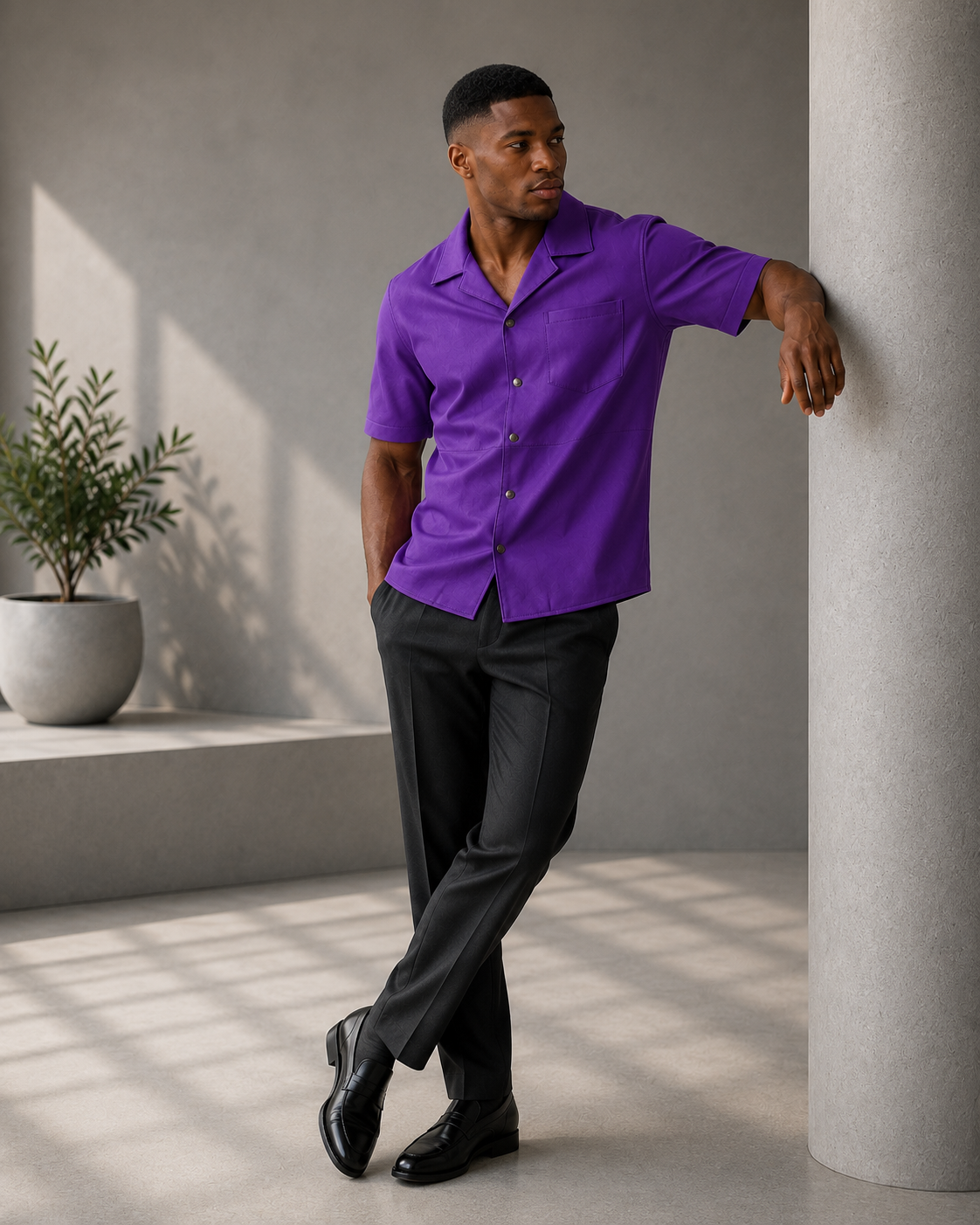 Short sleeves casual shirt for men 100% pure Italian lam skin [Purple]