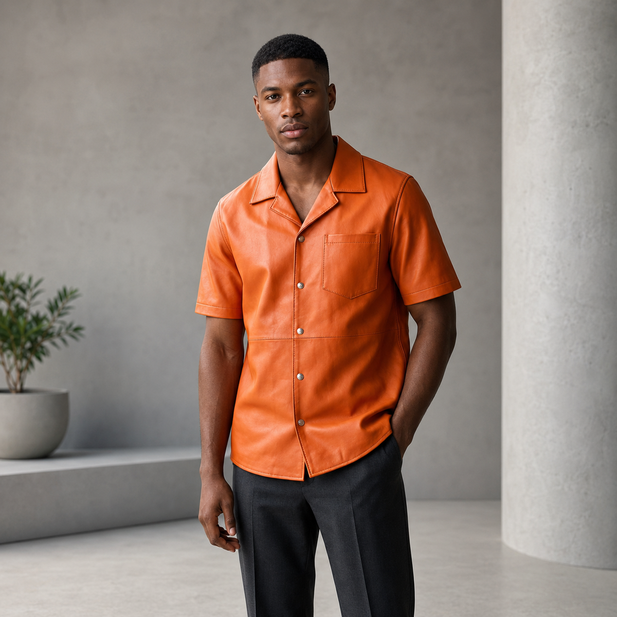 Short sleeves casual shirt for men 100% pure Italian lam skin [Orange] - William Leather