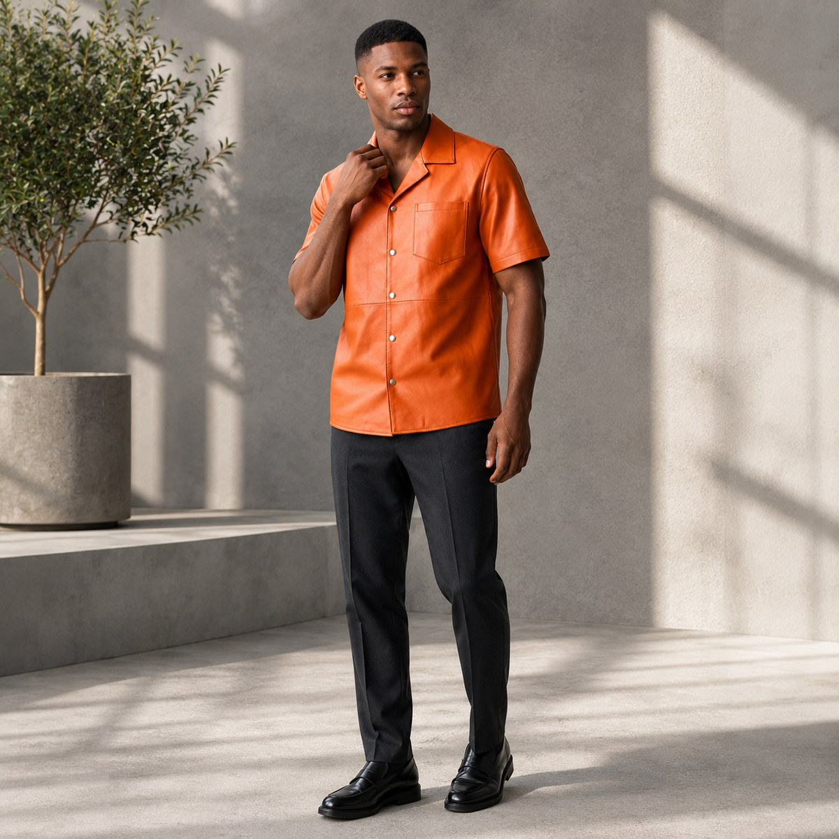 Short sleeves casual shirt for men 100% pure Italian lam skin [Orange] - William Leather