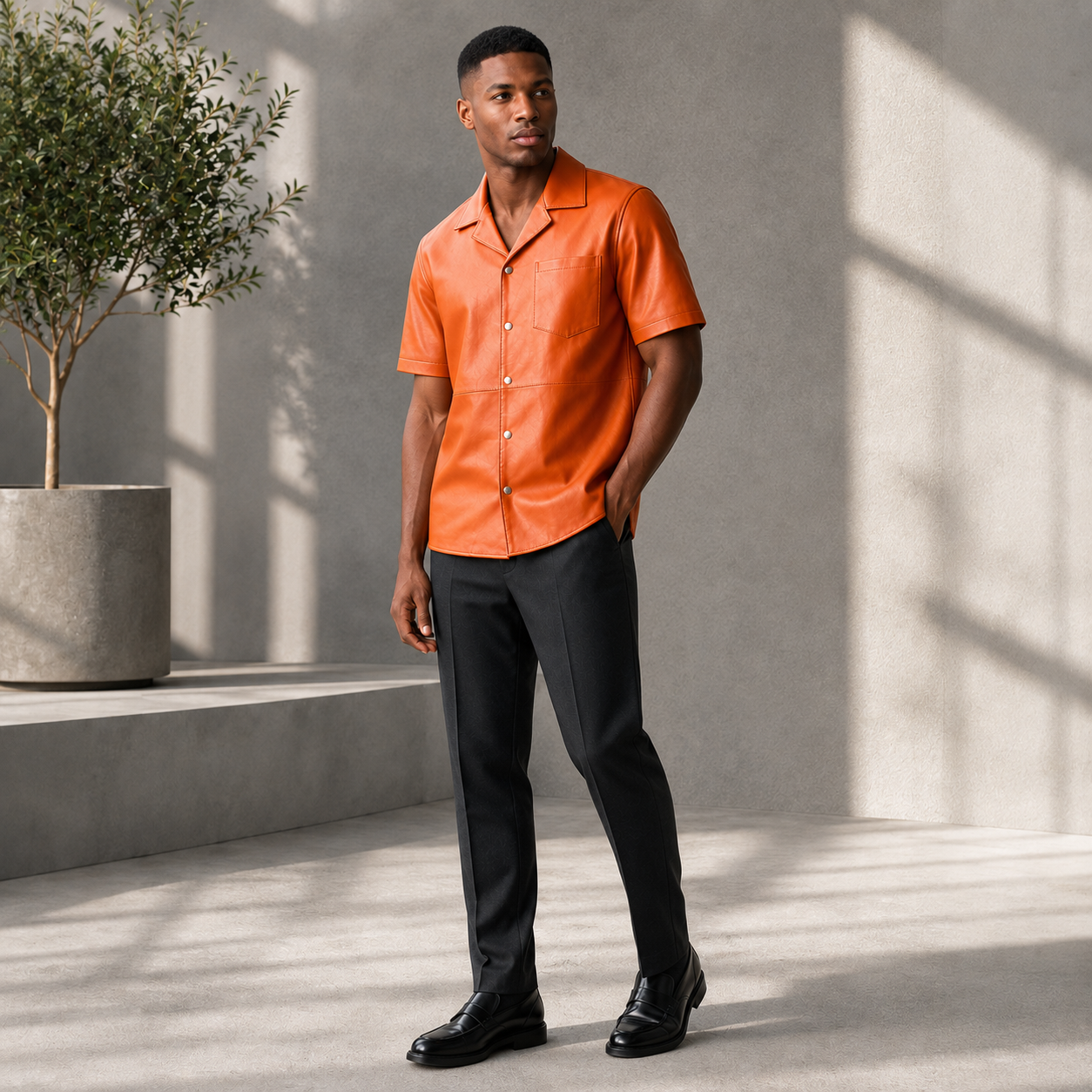 Short sleeves casual shirt for men 100% pure Italian lam skin [Orange]