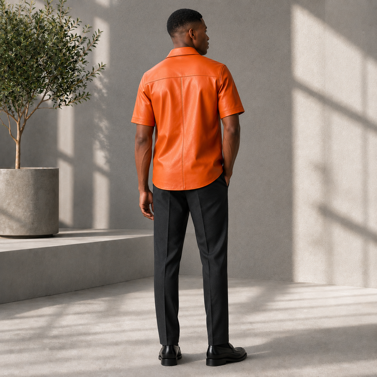 Short sleeves casual shirt for men 100% pure Italian lam skin [Orange]