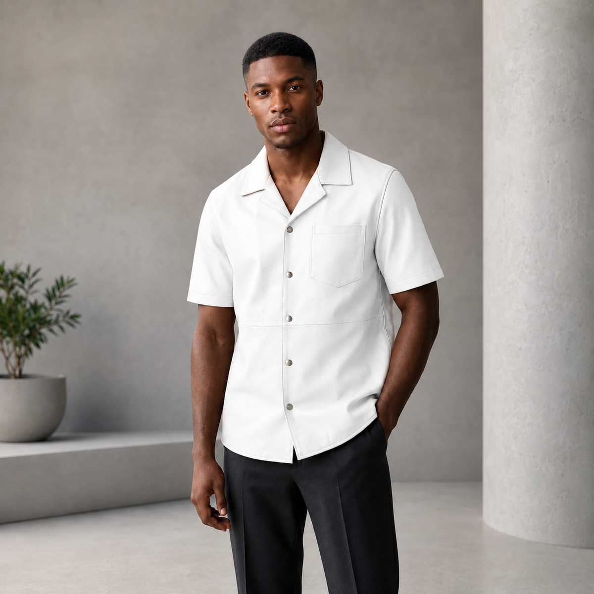 Short sleeves casual shirt for men 100% pure Italian lam skin [White] - William Leather