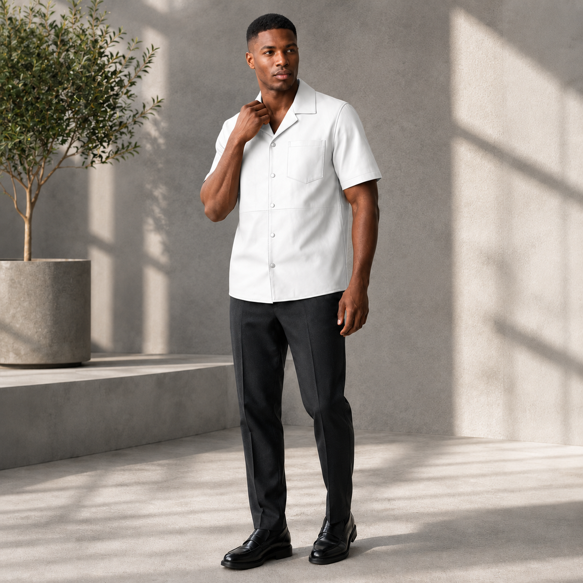 Short sleeves casual shirt for men 100% pure Italian lam skin [White] - William Leather