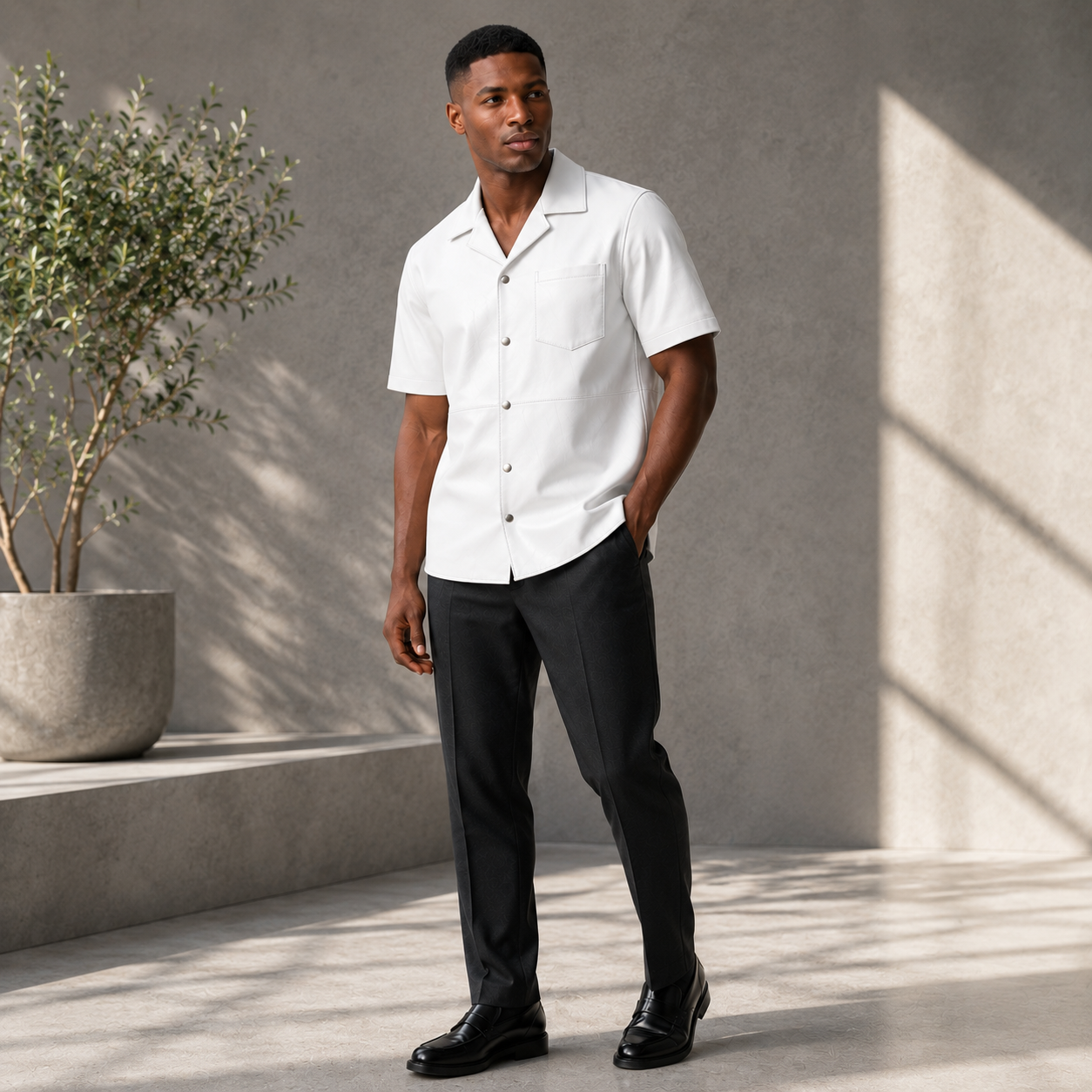 Short sleeves casual shirt for men 100% pure Italian lam skin [White]