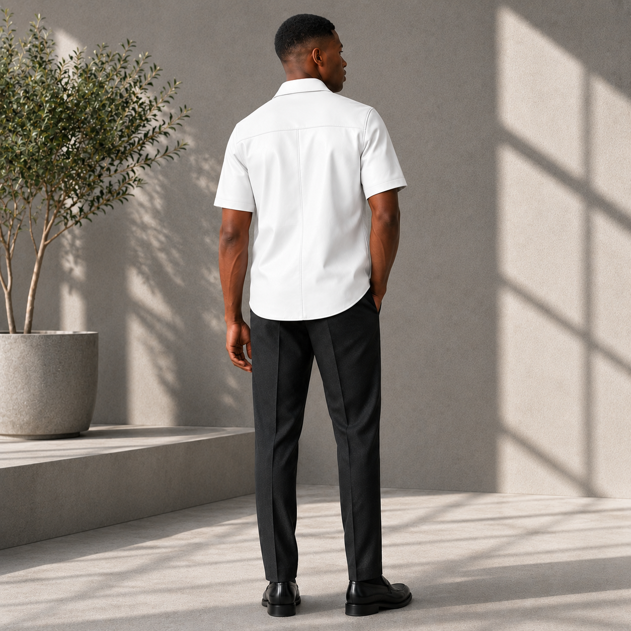 Short sleeves casual shirt for men 100% pure Italian lam skin [White]