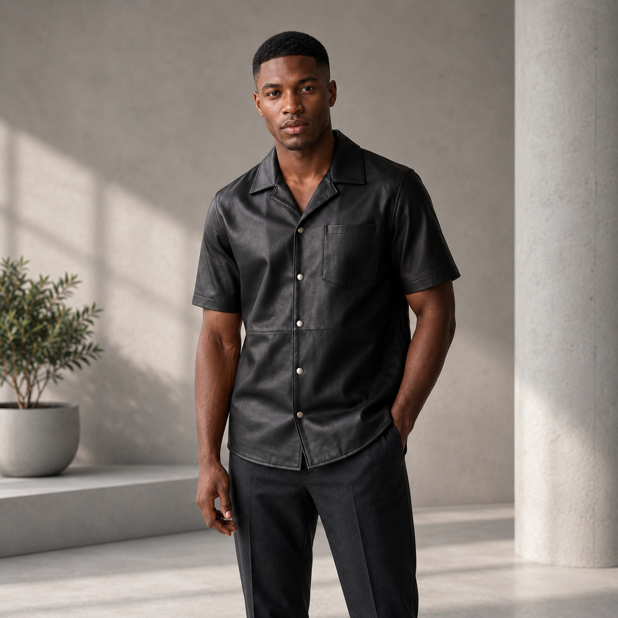 Short sleeves casual shirt for men 100% pure Italian lam skin [Black]