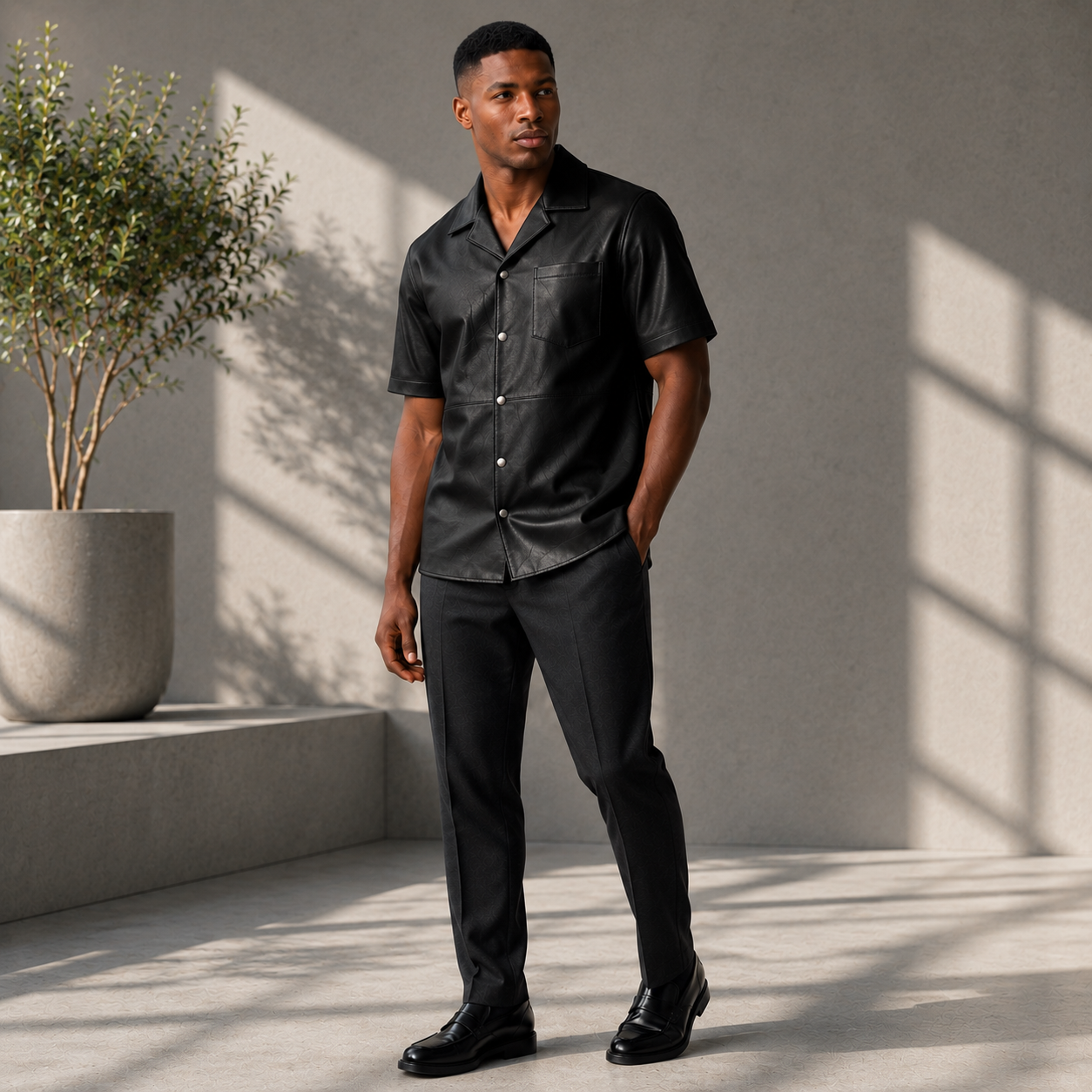 Short sleeves casual shirt for men 100% pure Italian lam skin [Black]