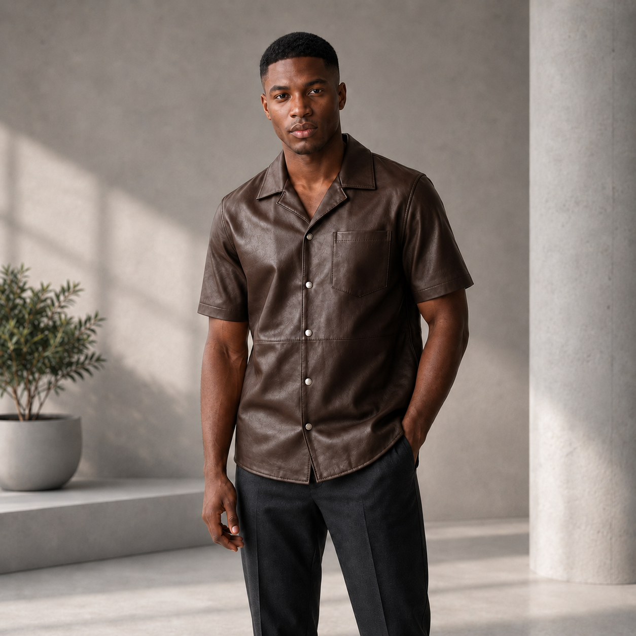 Short sleeves casual shirt for men 100% pure Italian lam skin [Brown]