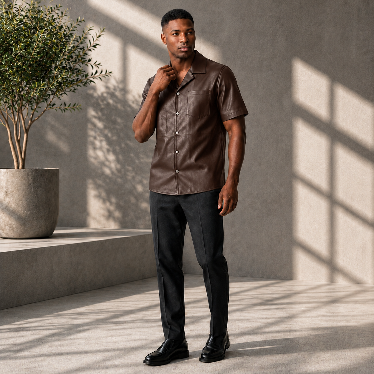 Short sleeves casual shirt for men 100% pure Italian lam skin [Brown]