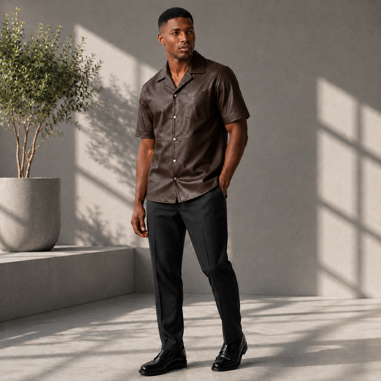 Short sleeves casual shirt for men 100% pure Italian lam skin [Brown]
