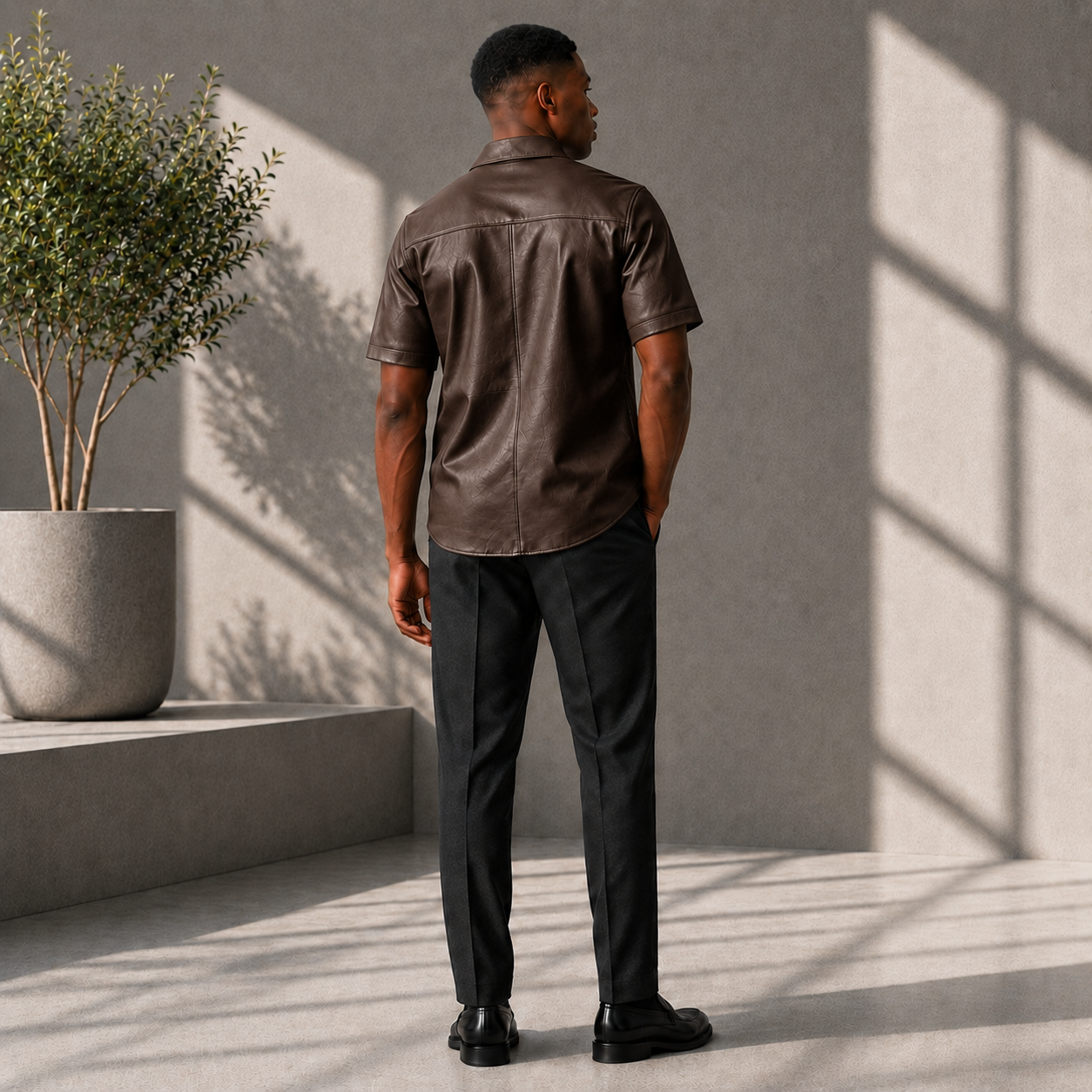 Short sleeves casual shirt for men 100% pure Italian lam skin [Brown]