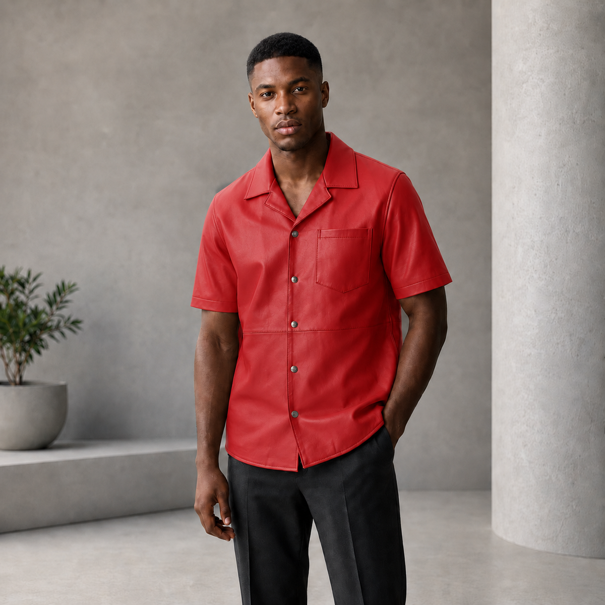 Short sleeves casual shirt for men 100% pure Italian lam skin [Red] - William Leather