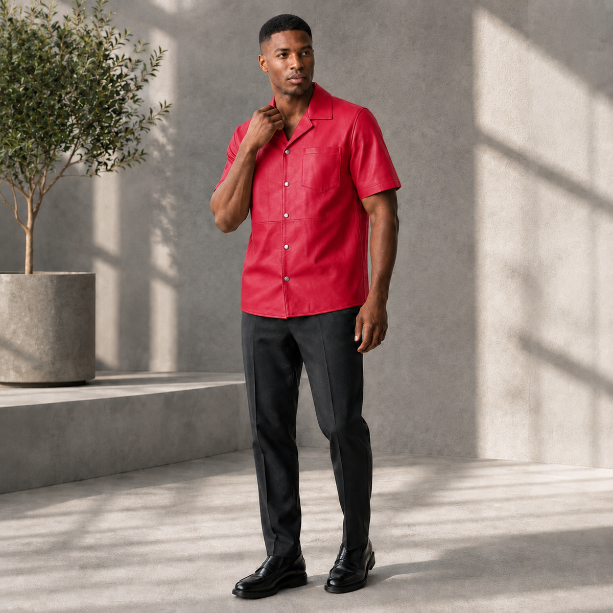 Short sleeves casual shirt for men 100% pure Italian lam skin [Red] - William Leather