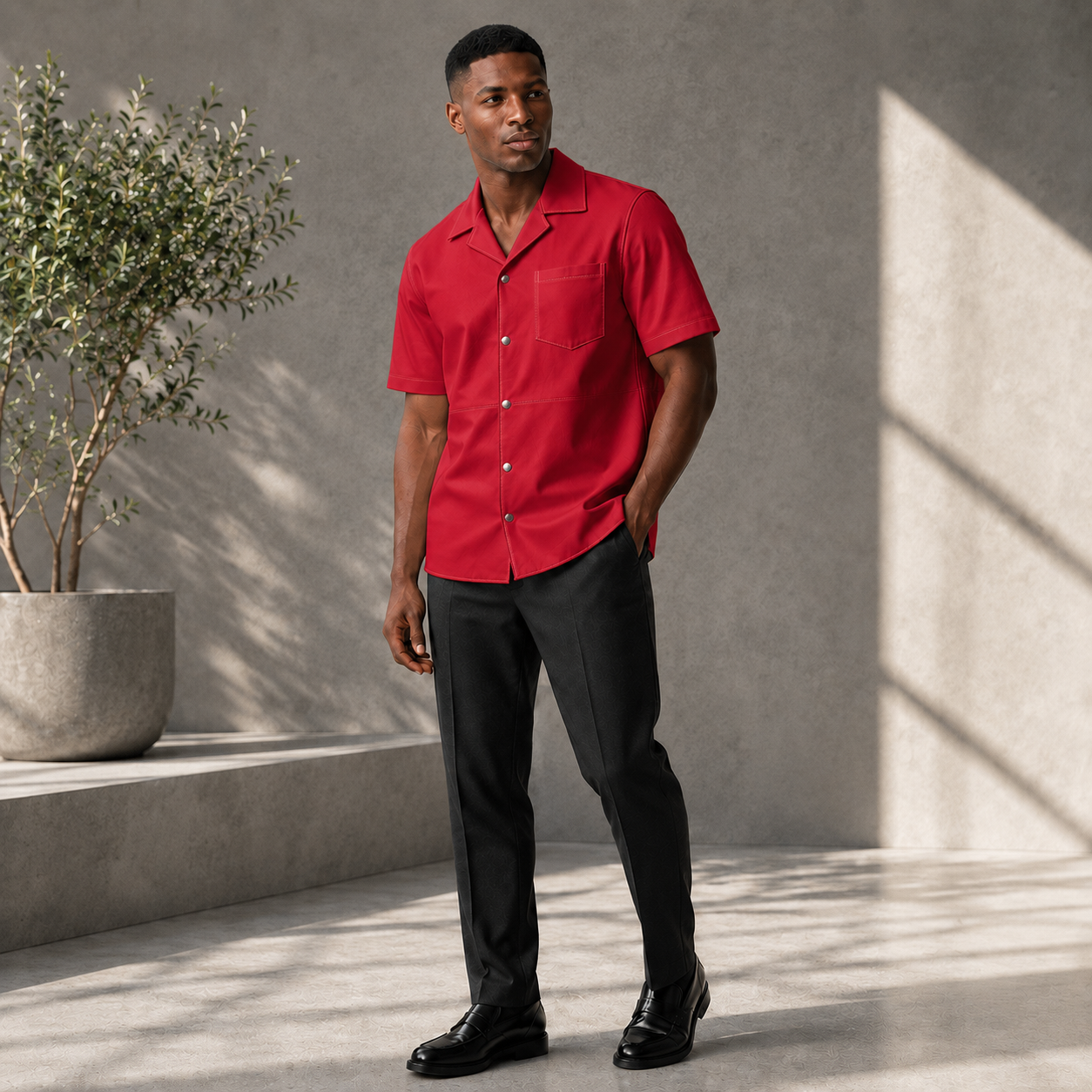 Short sleeves casual shirt for men 100% pure Italian lam skin [Red]