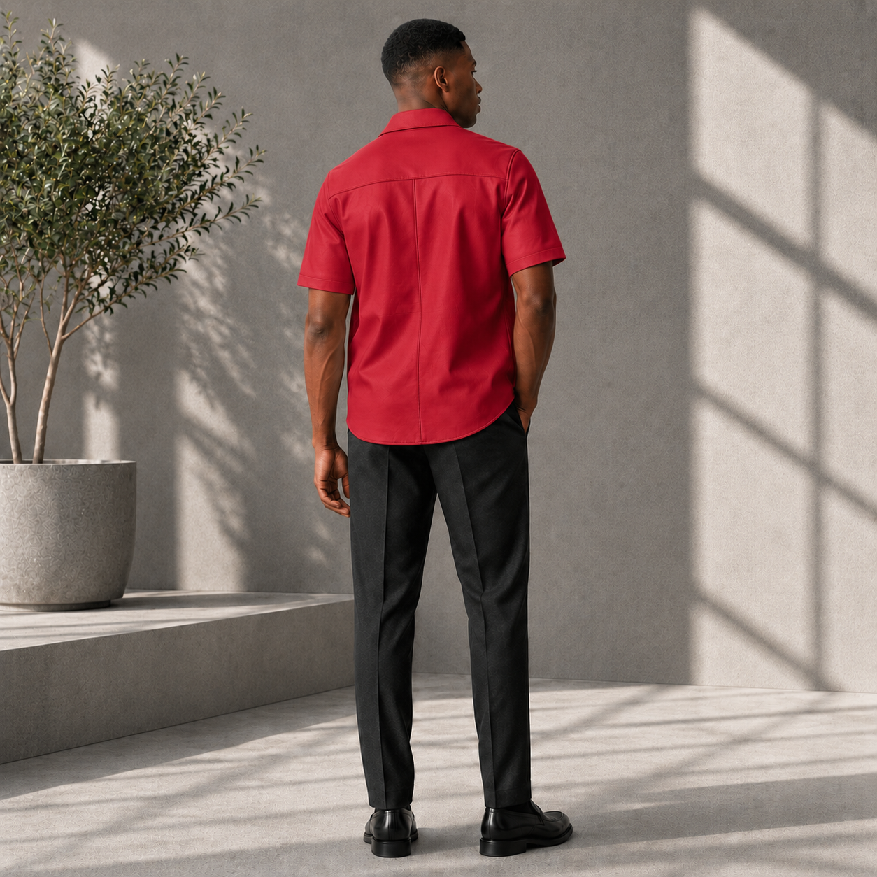 Short sleeves casual shirt for men 100% pure Italian lam skin [Red]