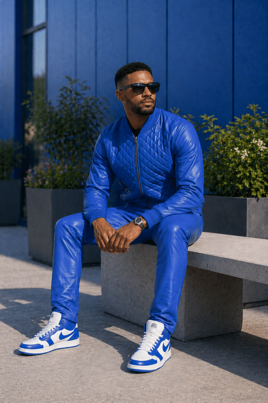 Diamond Quilted Blue Baseball Bomber Set for Men (Blue)