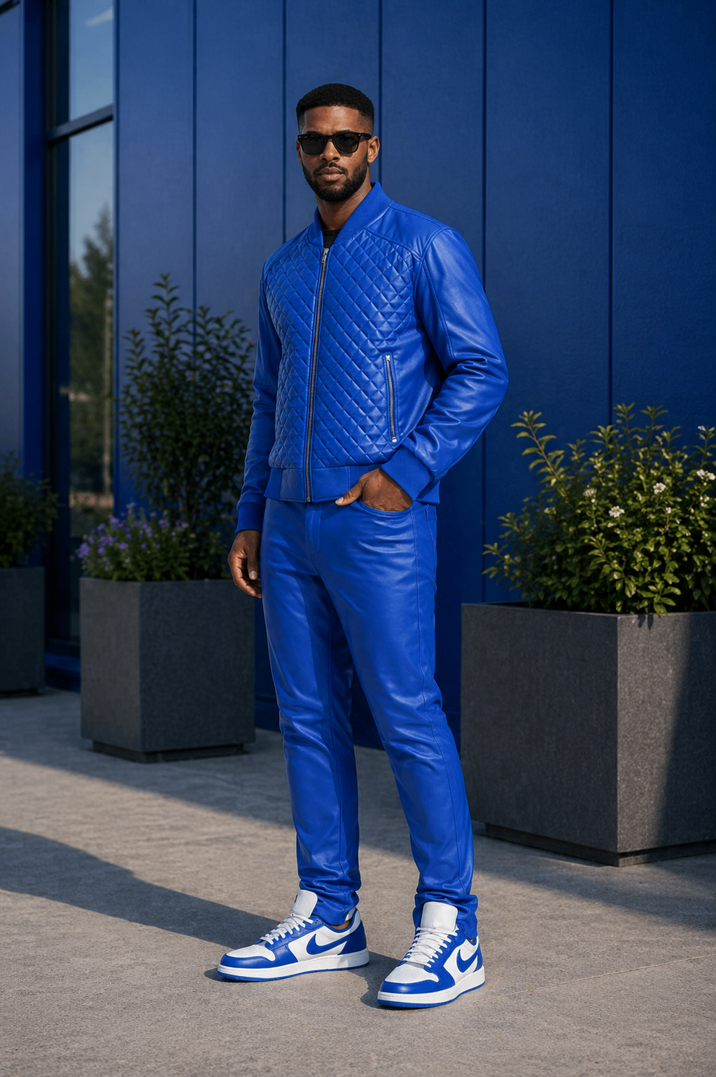 Diamond Quilted Blue Baseball Bomber Set for Men (Blue)