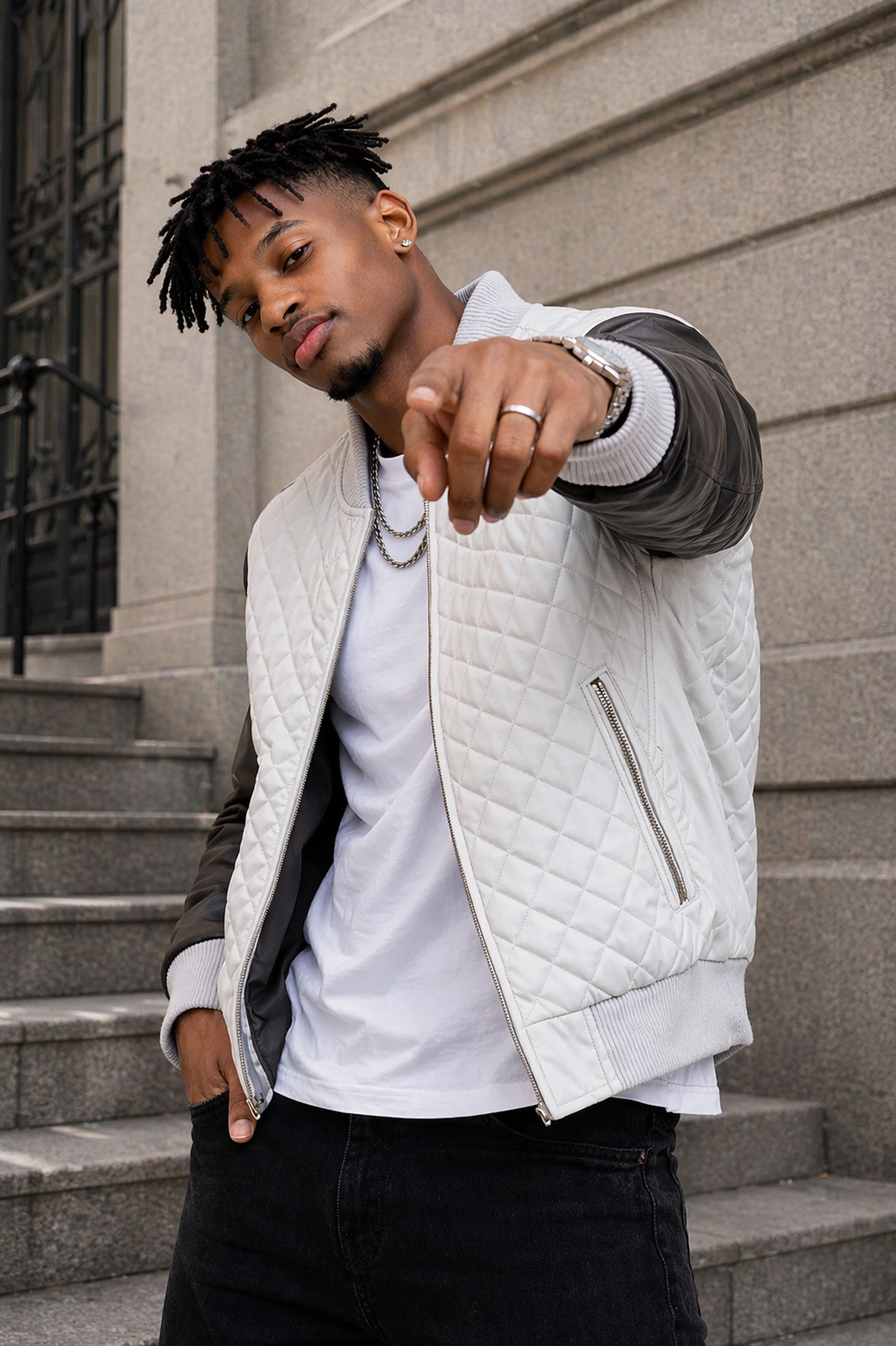 Men’s White & Black Diamond Quilted Leather Bomber Jacket