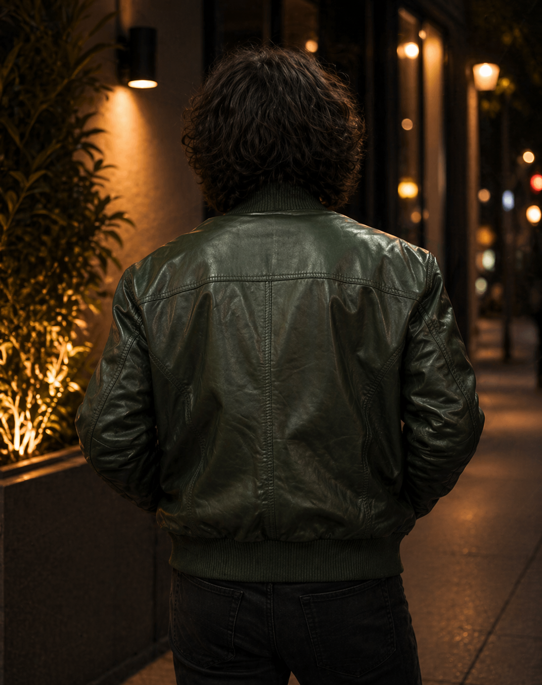 Men’s Green Leather Baseball Bomber Jacket