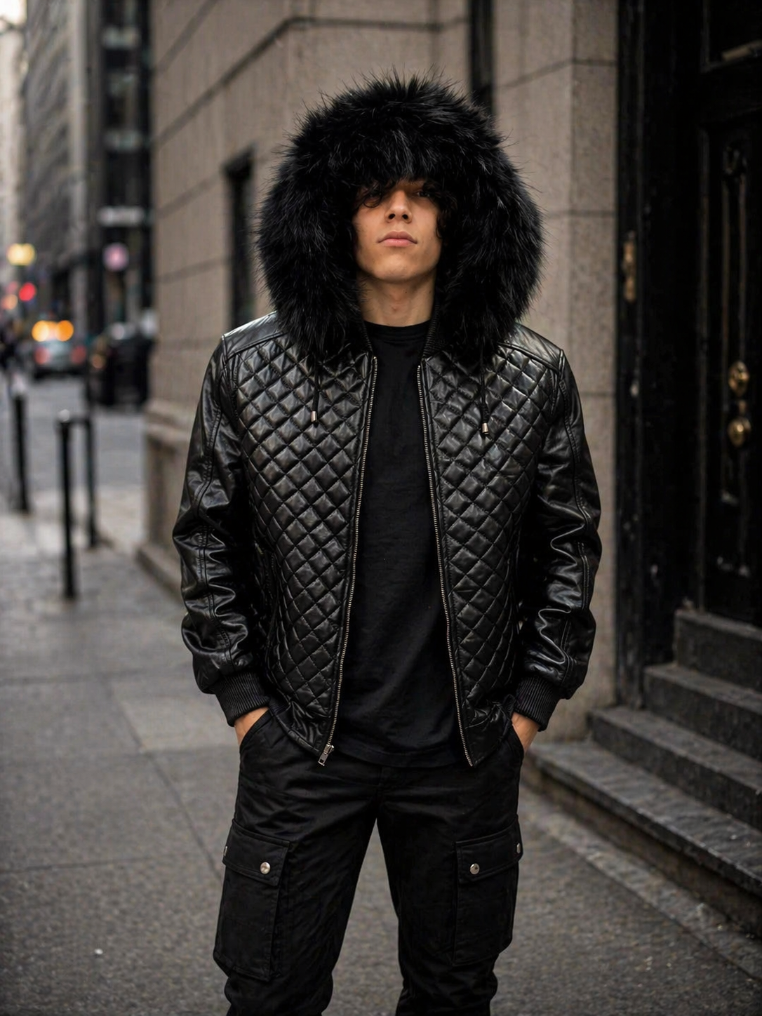 Men’s Diamond Quilted Leather Bomber Jacket with Hood - William Leather