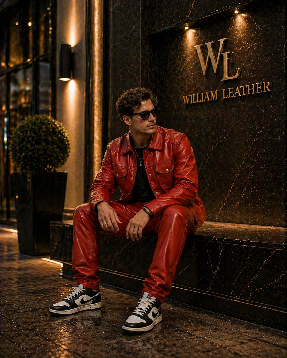 Men's Leather Jean Levi's Jacket And Cargo Pants Set [RED]