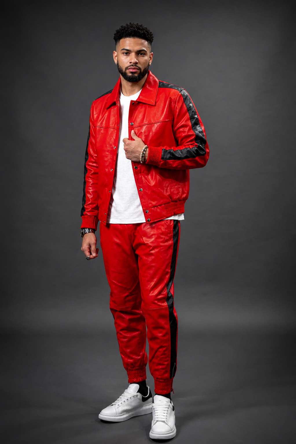 Men's Leather Track Suit Sweatsuit [Red] - William Leather