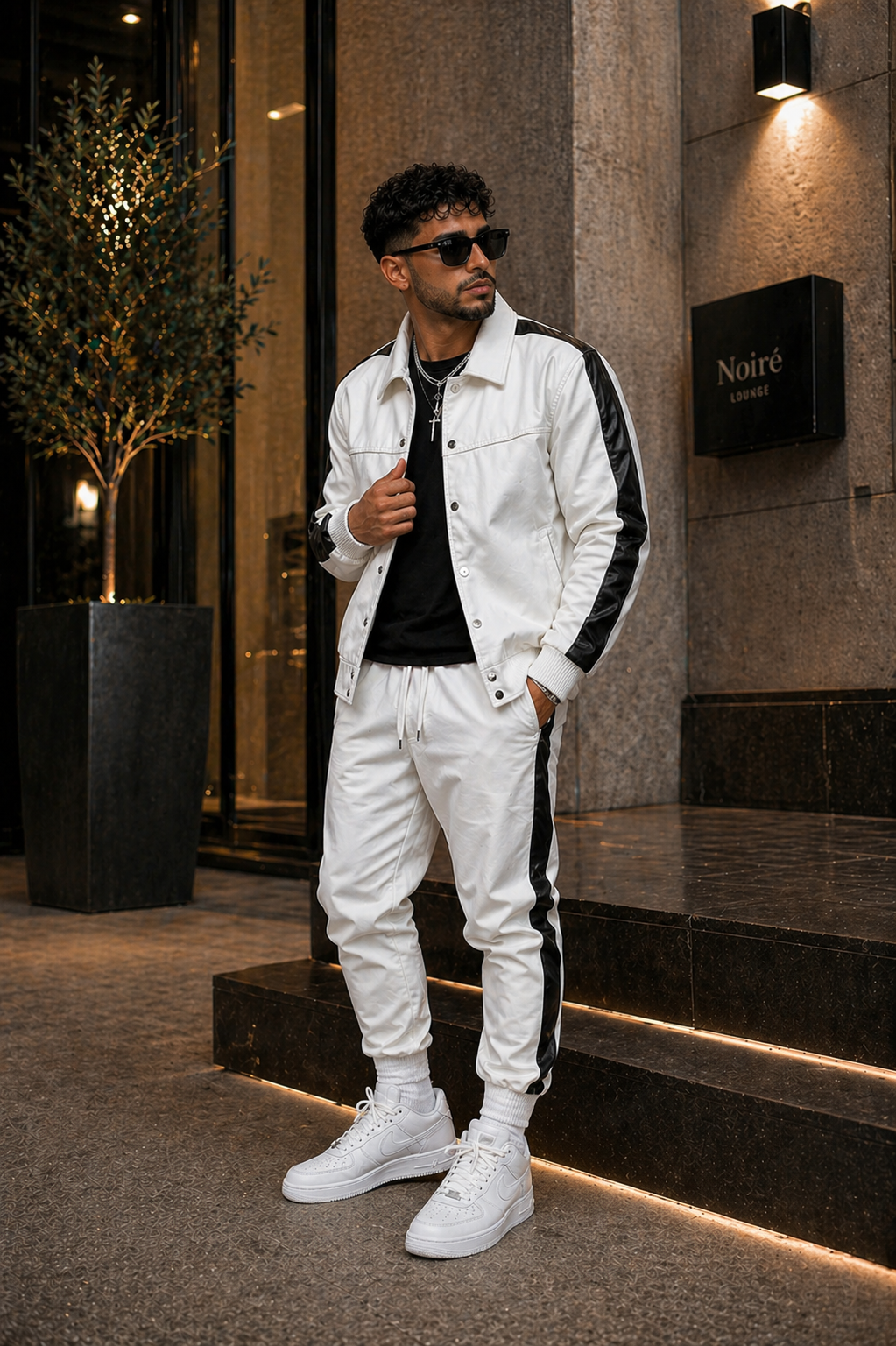 Men's Leather Track Suit Sweatsuit [White/Black]