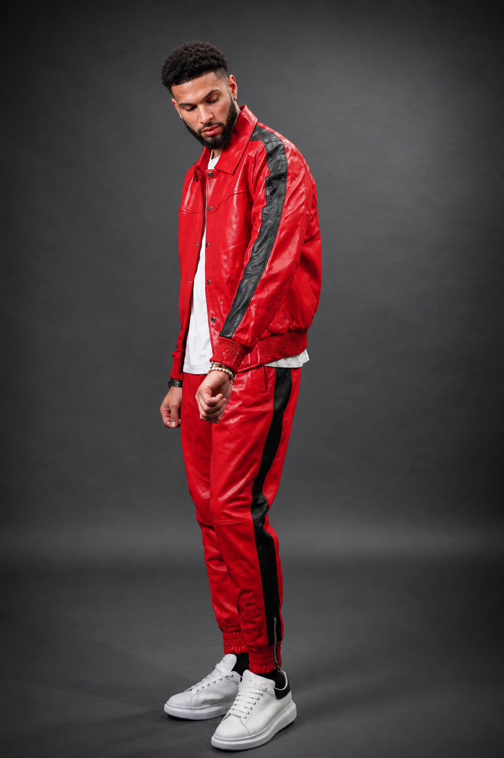 Men's Leather Track Suit Sweatsuit [Red] - William Leather