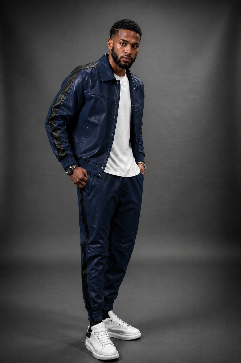 Men's Leather Track Suit Sweatsuit [navy blue] - William Leather