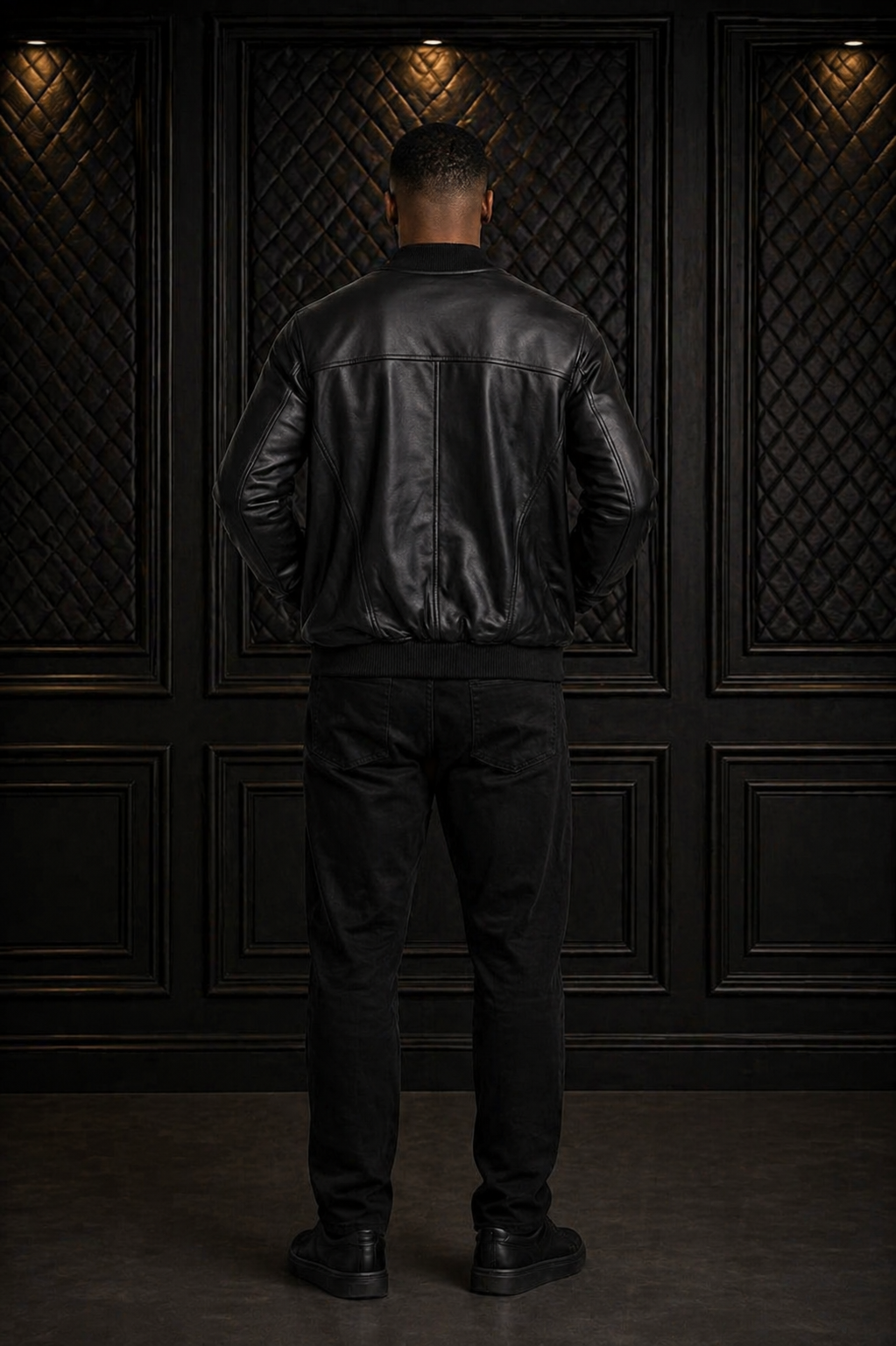 Men’s Black Quilted Leather Baseball Bomber Jacket