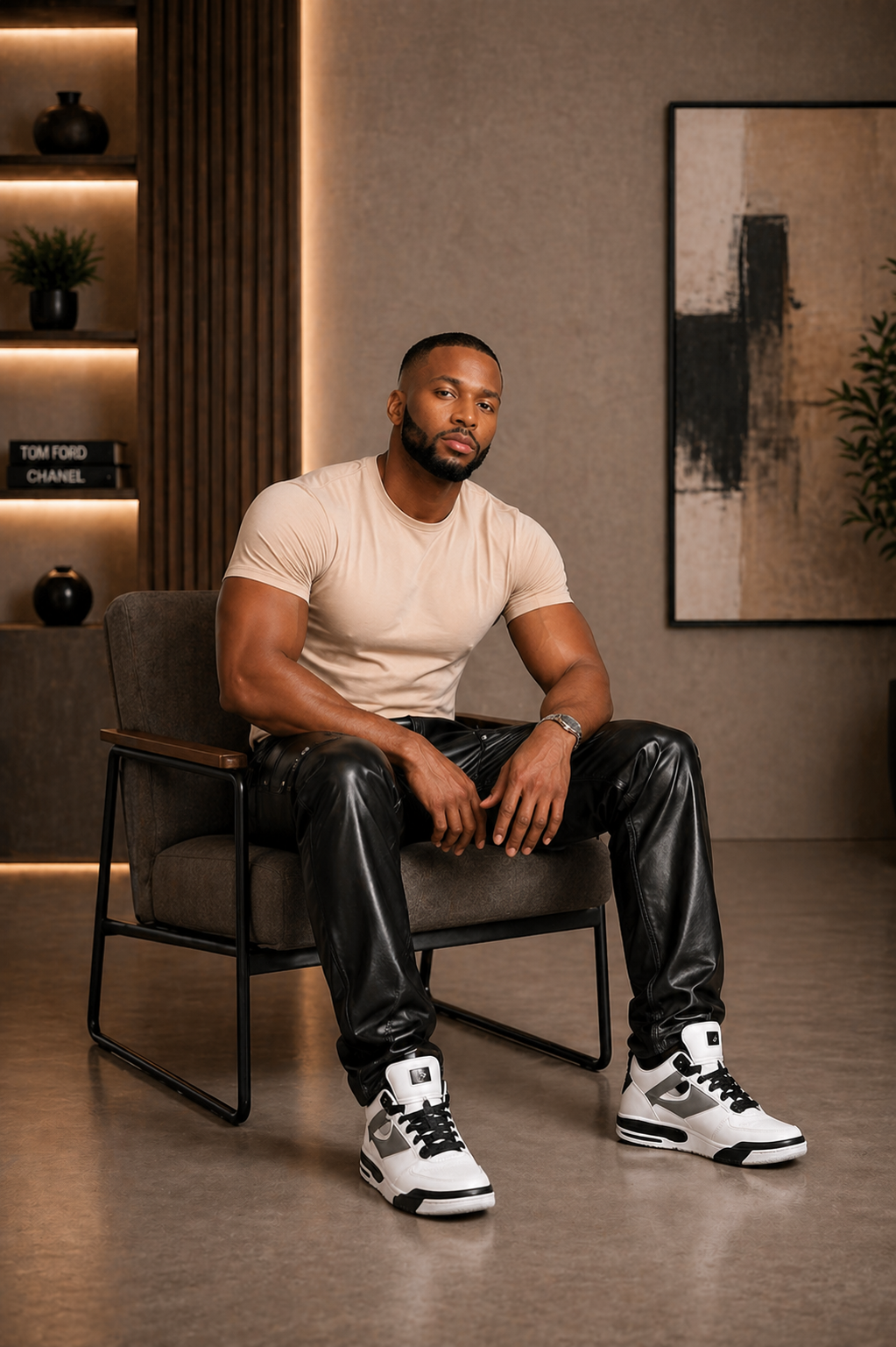 Men’s Black Leather Cargo Pants with Front Pockets