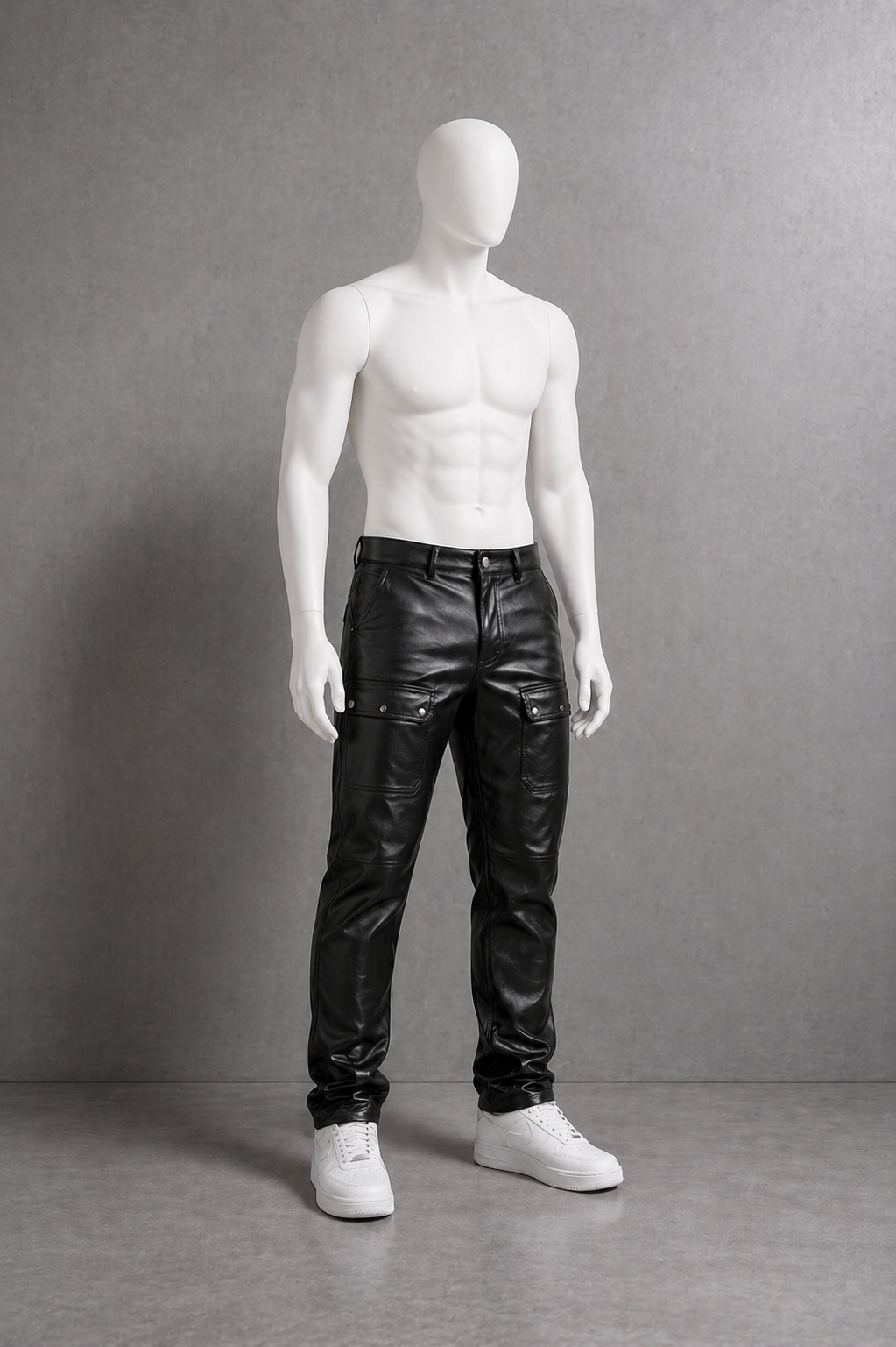 Men’s Black Leather Cargo Pants with Front Pockets