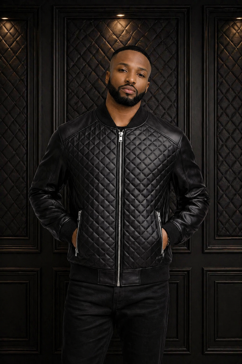 Men’s Black Quilted Leather Baseball Bomber Jacket