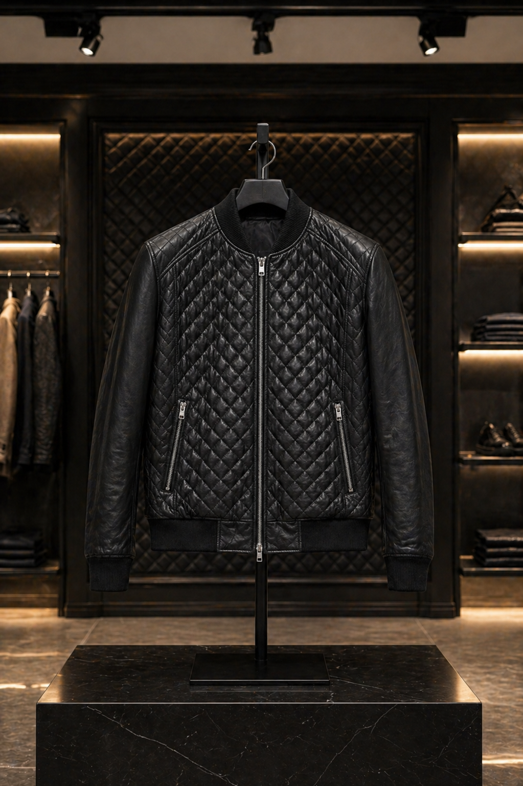 Men’s Black Quilted Leather Baseball Bomber Jacket