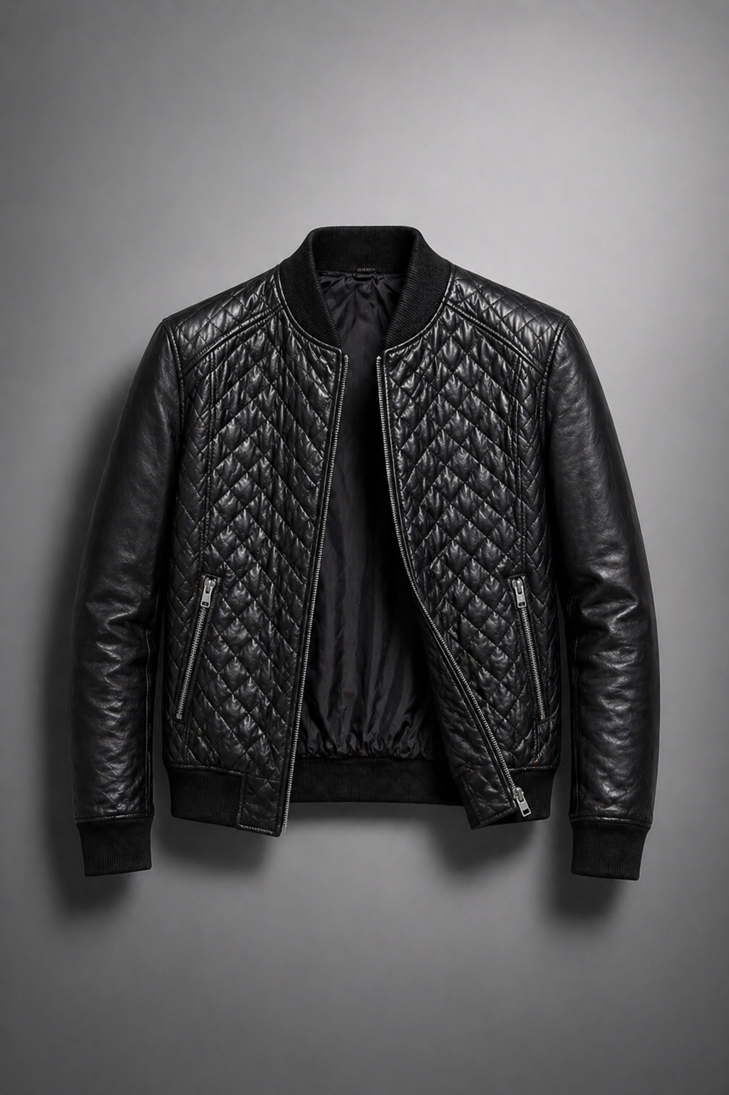 Men’s Black Quilted Leather Baseball Bomber Jacket