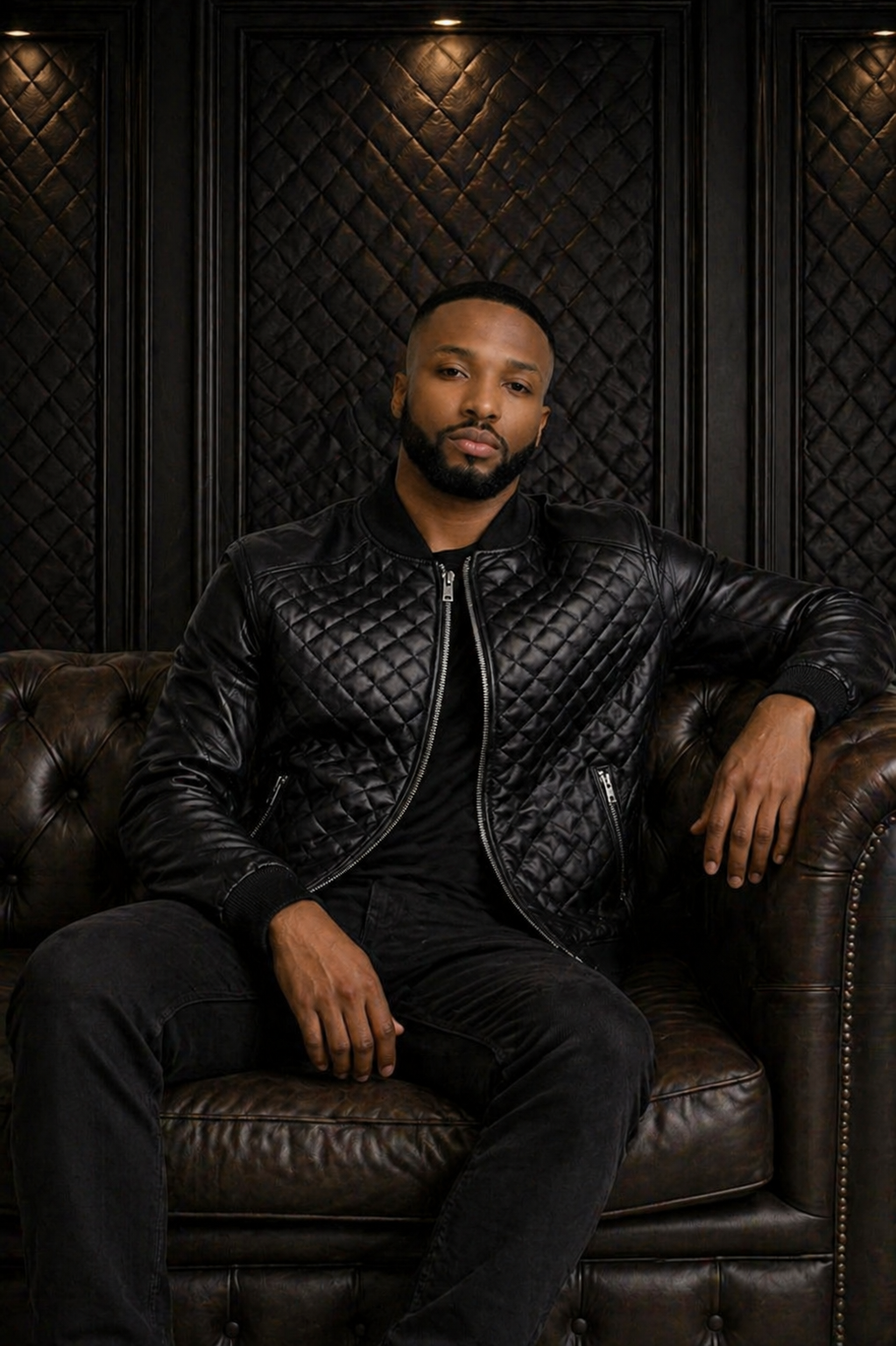 Men’s Black Quilted Leather Baseball Bomber Jacket