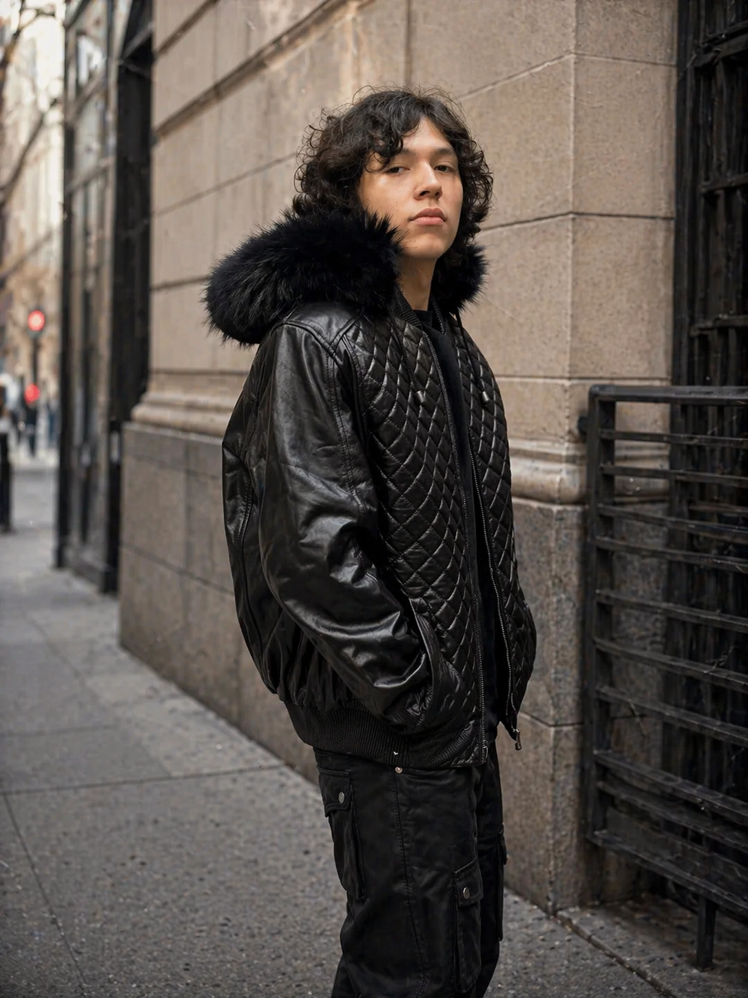 Men’s Diamond Quilted Leather Bomber Jacket with Hood - William Leather